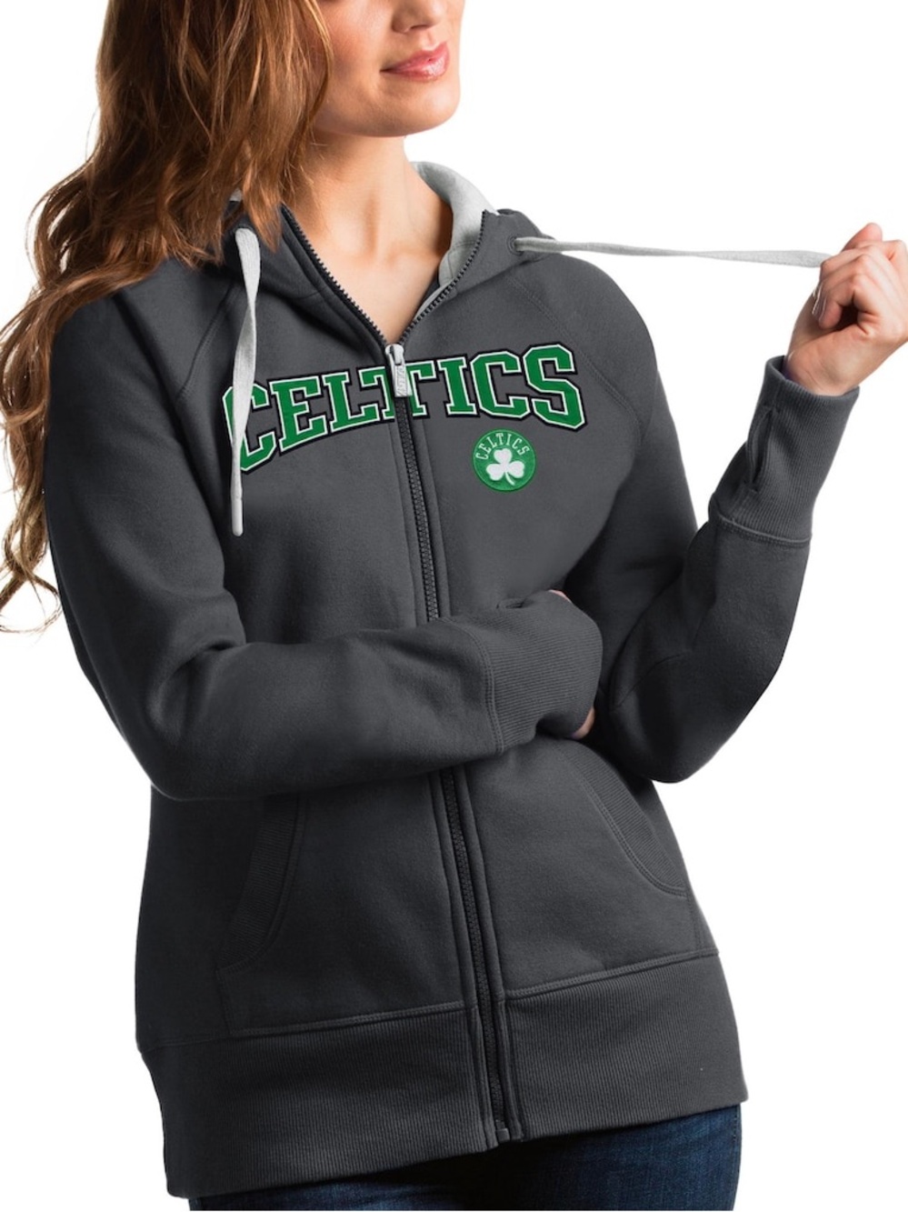 Women's Antigua Charcoal Boston Celtics Team Victory Full-Zip Hoodie
